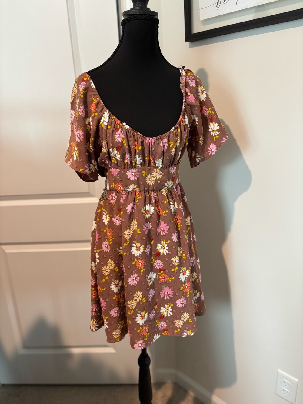Sadie & Sage Brown Floral Short Dress with Pink and Yellow Blossoms